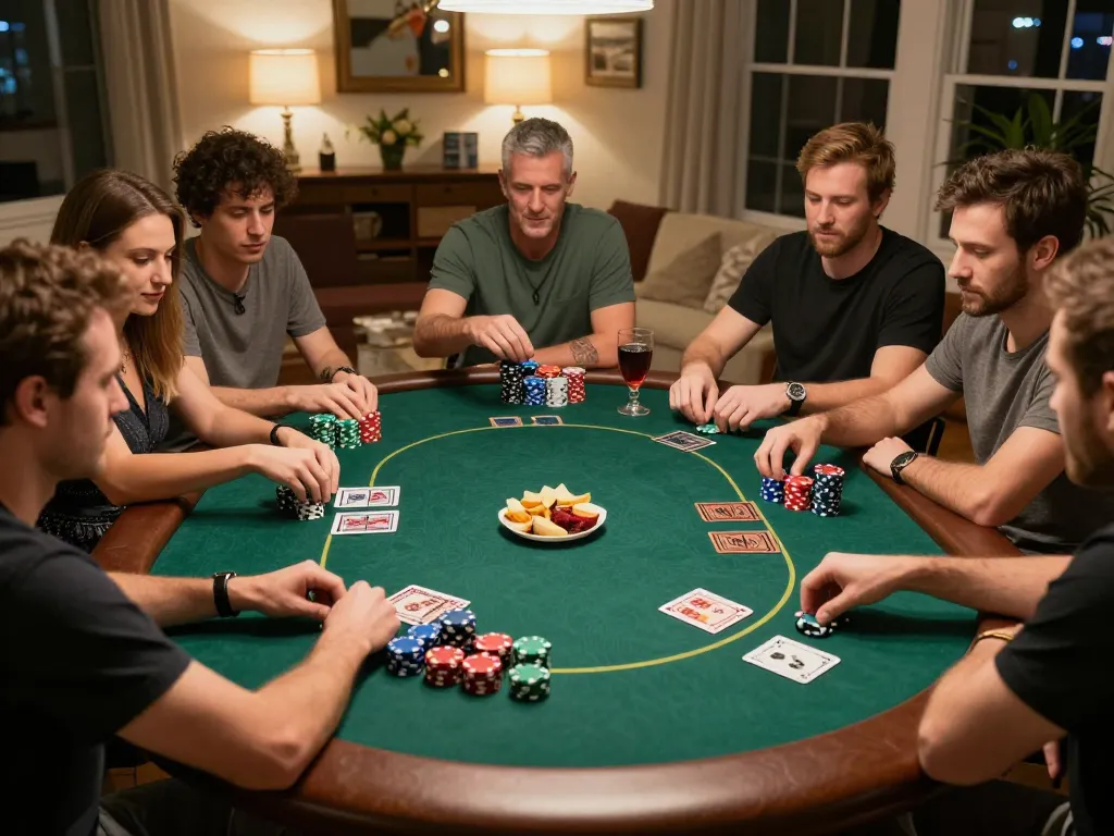Engaging poker night scene showing players analyzing hands for togel hari ini strategy in a cozy home setting.