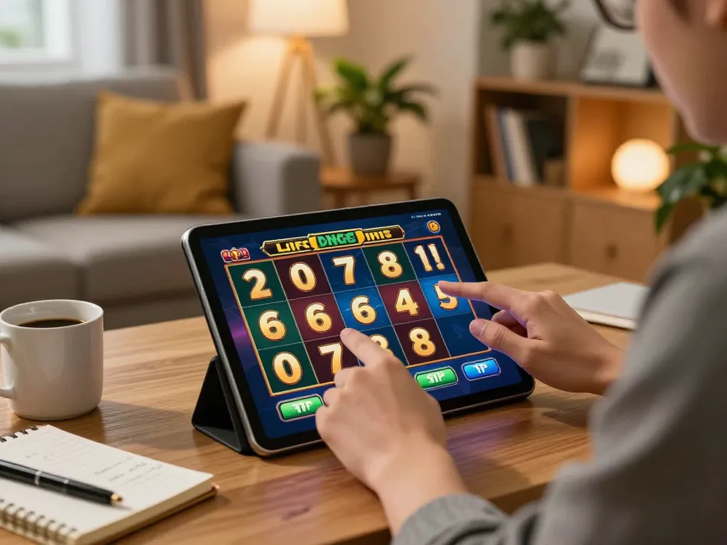 Player enjoying online slots on tablet with open88, cozy home setting and betting notes.