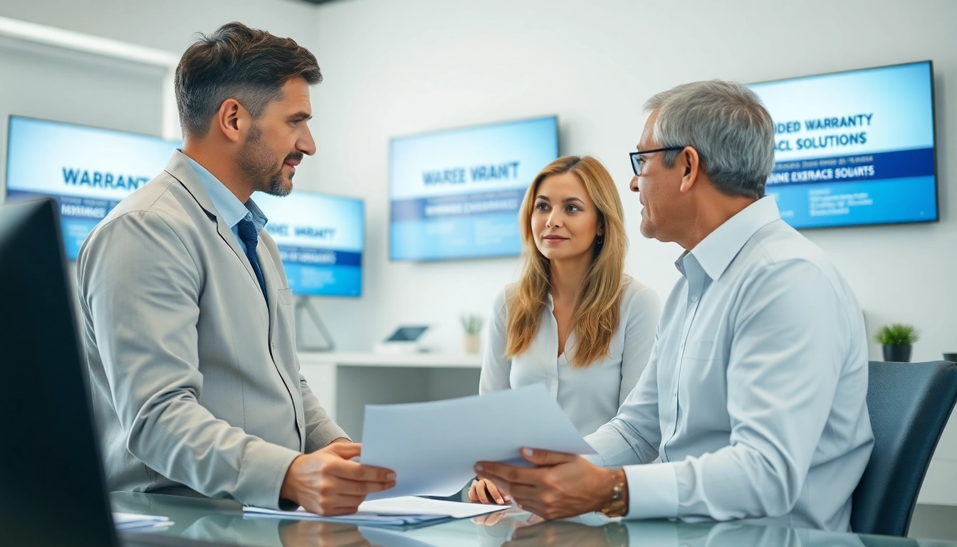 Consultan discussing extended warranty solutions with a client in a professional office.