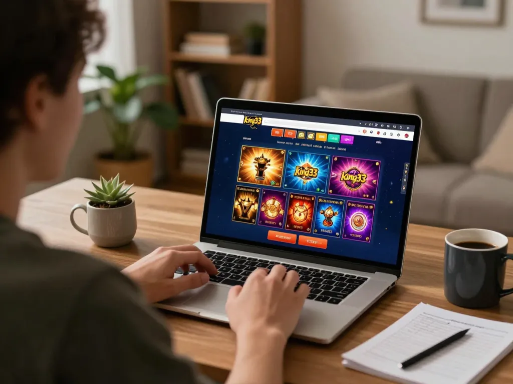 Engaging in online gaming at king33, a user interacts with vibrant casino game options on their laptop.