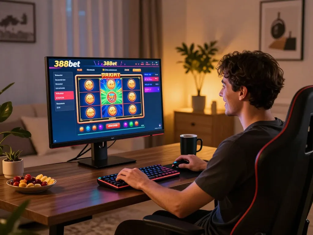 Person engaging in 388bet online slot game at stylish gaming desk with vibrant visuals