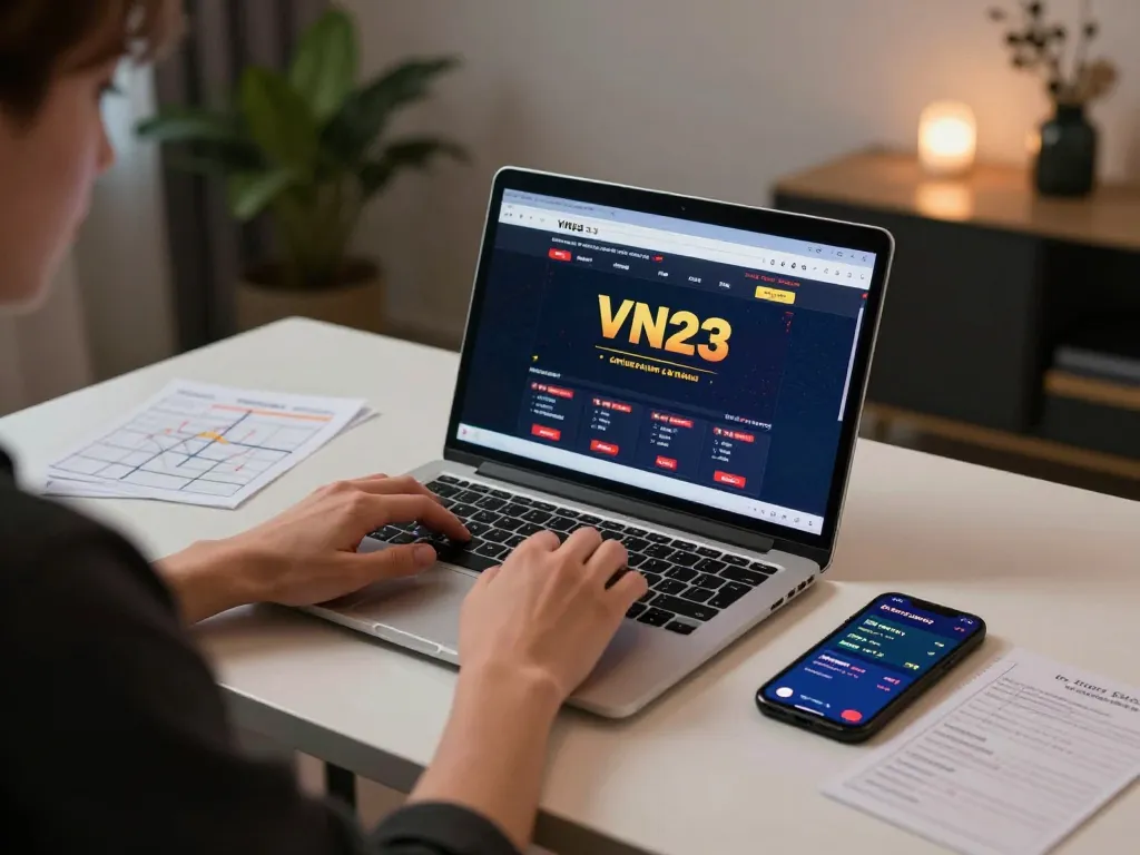 Player engaged in VN23 online casino gaming at a stylish desk with laptop and smartphone, showcasing a responsible gambling environment.