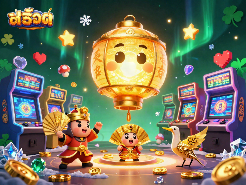 Engage with สล็อต machines in a vibrant 3D casino scene featuring golden lantern spirits and game elements.