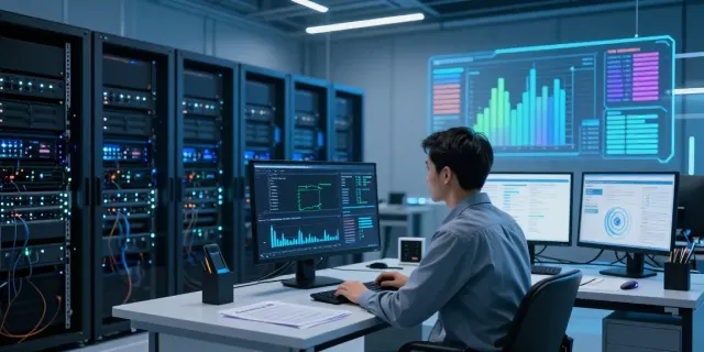 AI infrastructure technician analyzing performance metrics in a high-tech data center.