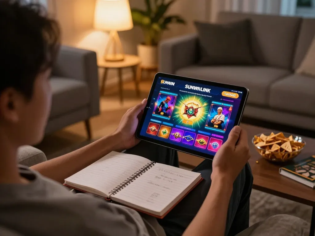 Playing with the SUNWIN LINK on a tablet in a cozy home environment, emphasizing gaming strategy and comfort