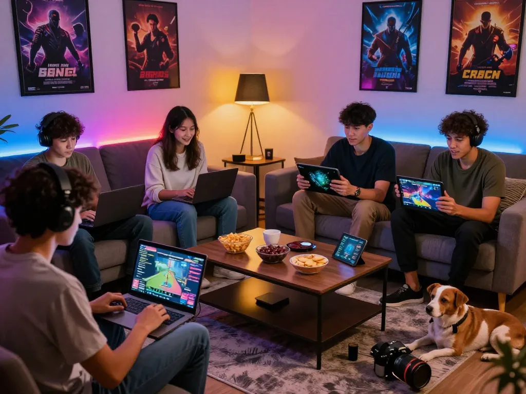 Group engaging in a free porn game on devices in a lively gaming atmosphere