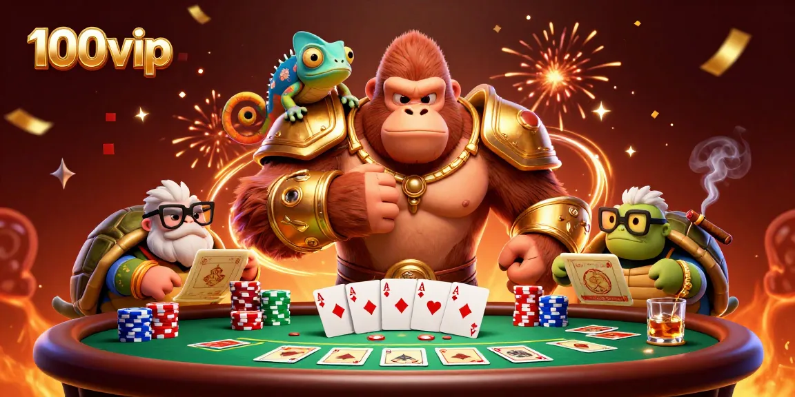 100vip showcases an exciting gambling atmosphere with vibrant characters and poker elements.