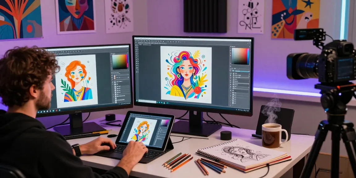 Creating NSFW digital art with advanced AI tools in a modern studio