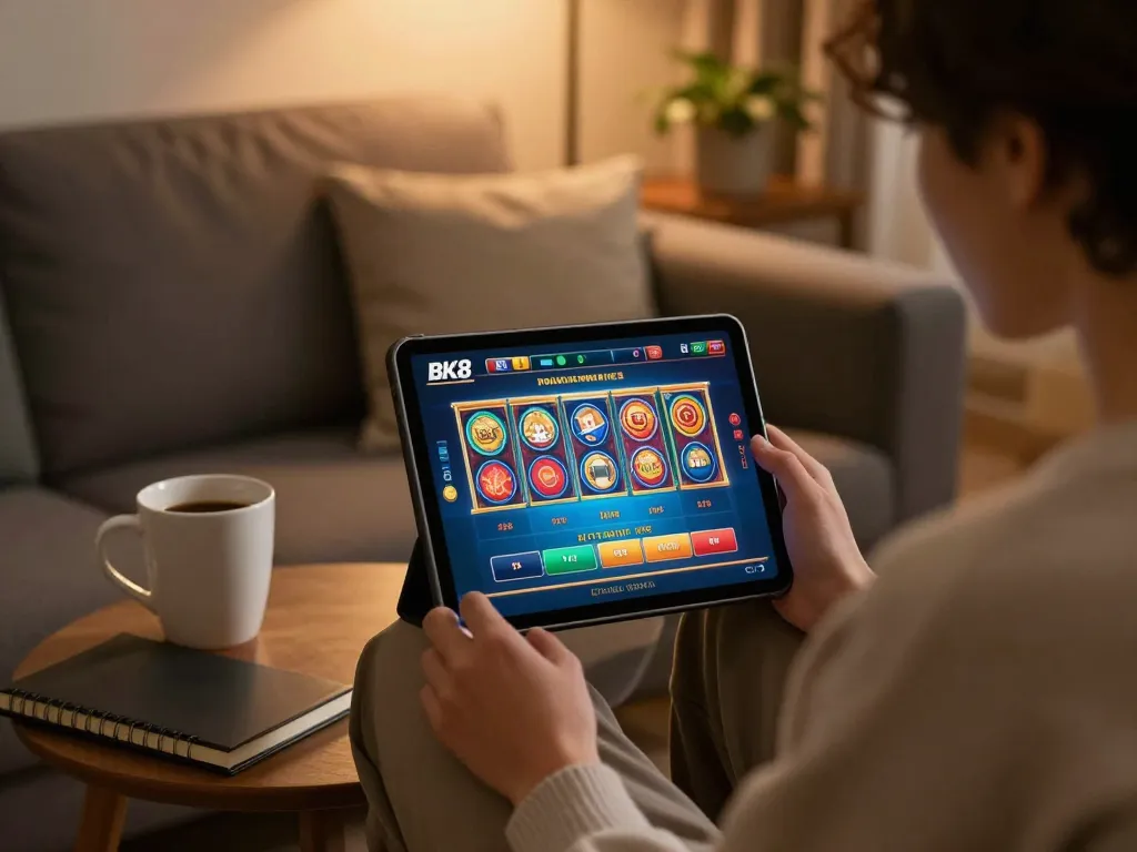 Engaging in BK8 online gaming at home, featuring user-friendly interface and cozy atmosphere.