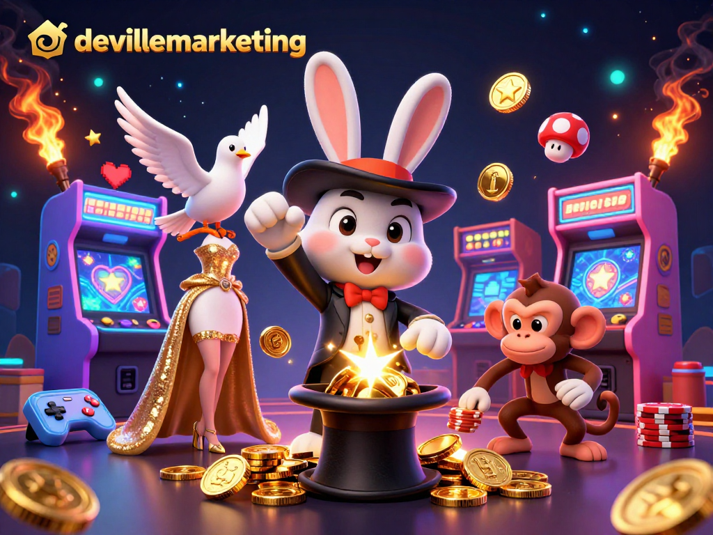 Mengikuti petualangan memukau devillemarketing, kelinci penyihir menarik koin emas dari topi peraknya di kasino online.