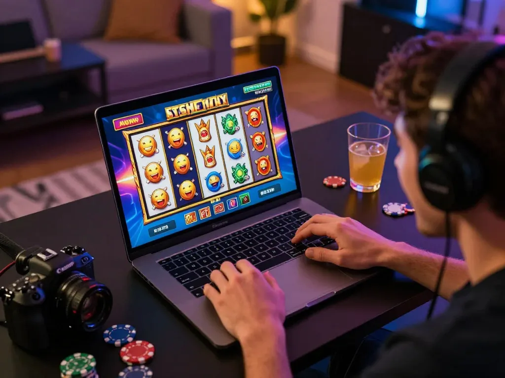 Player enjoying a winning gameplay on slots at home, embodying the essence of hakobhakobyanart with strategic excitement in online gambling.