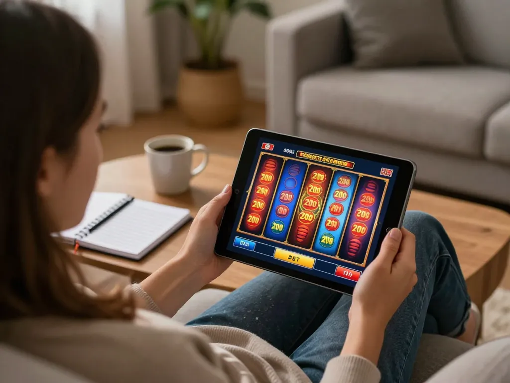 Engaging in a thrilling slot bet 200 game on a tablet while relaxing at home.