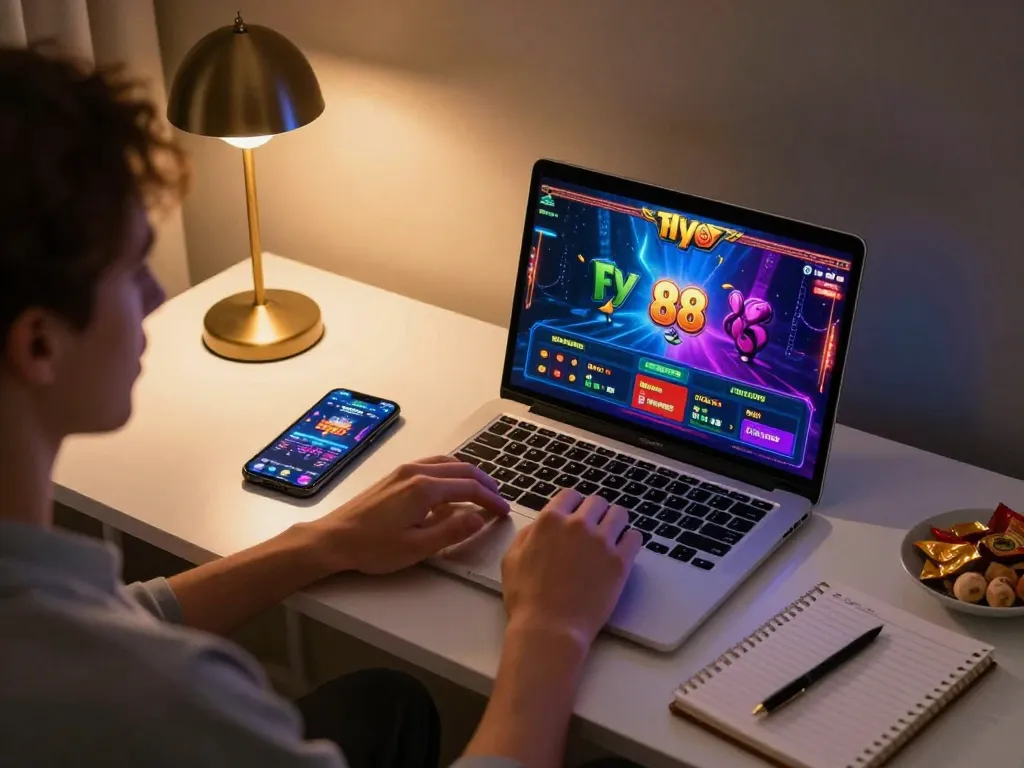 Engaging in fly 88 online casino gaming with a laptop and snacks in a cozy home environment.