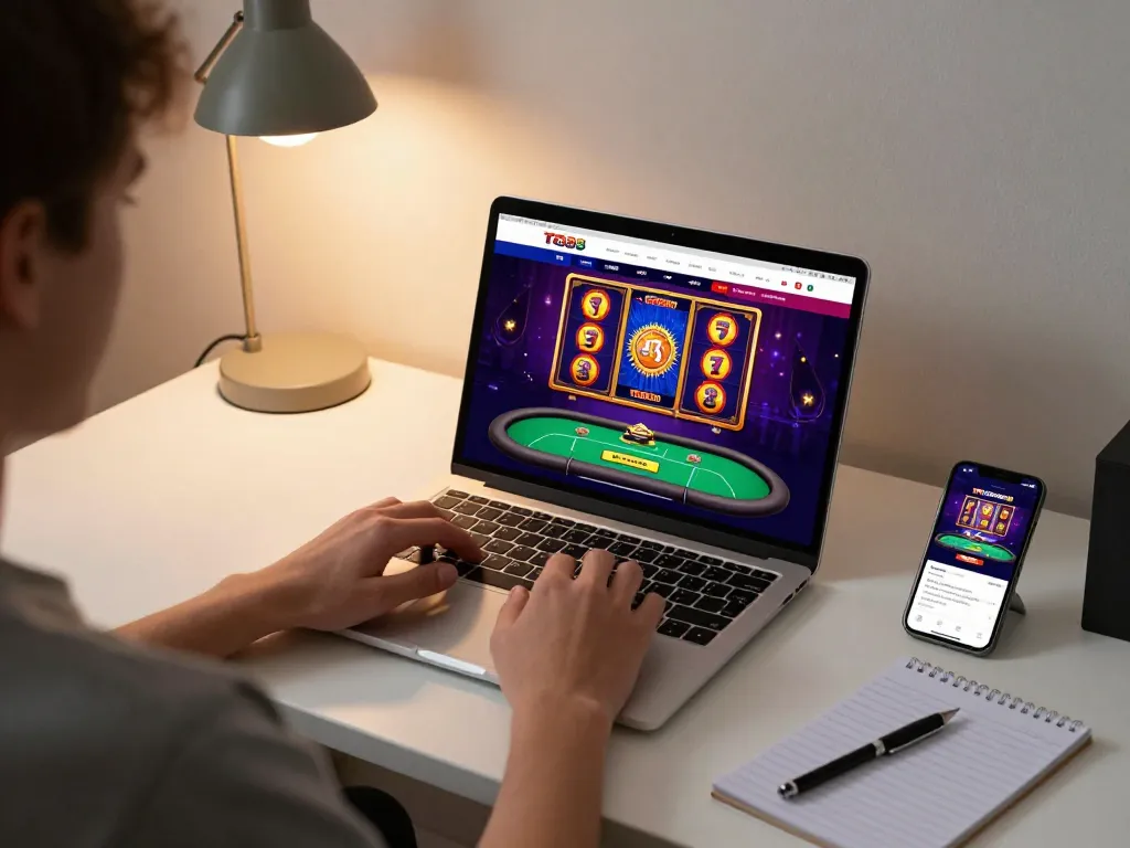 Player engaging with TG88 online casino on a modern laptop, showcasing vibrant game graphics.