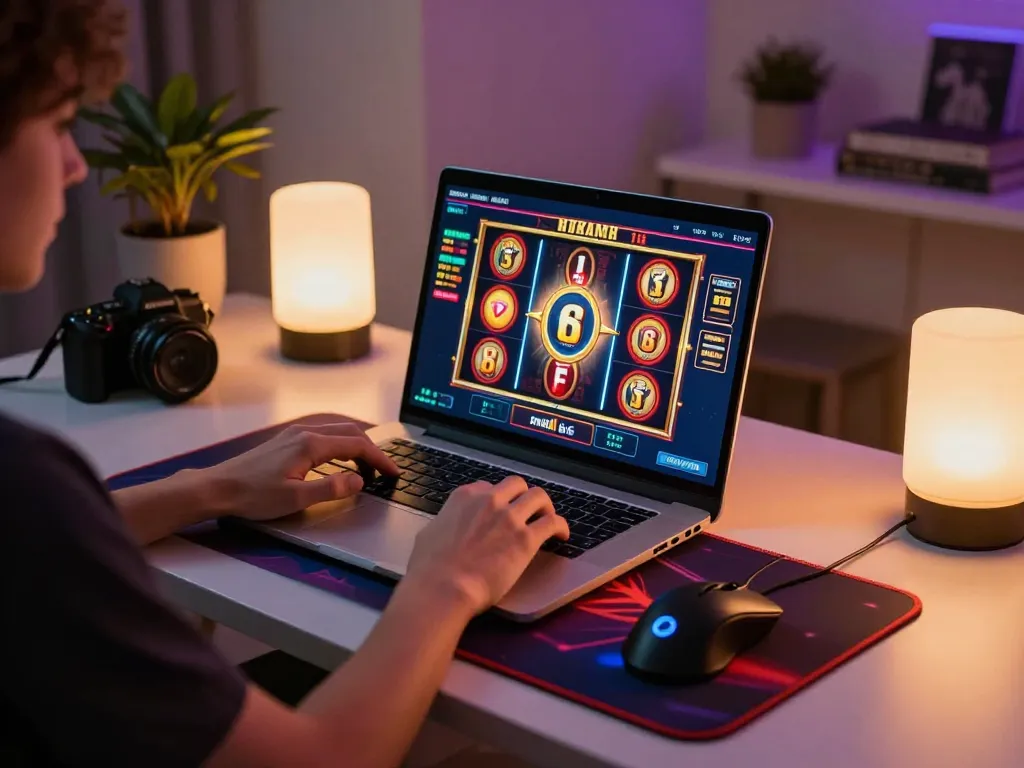 Online gaming setup with player engaged in slots, showcasing vidyasewingmachine strategy and excitement.