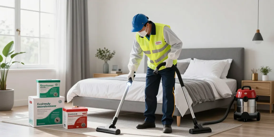 Professional bed bug exterminator conducting a thorough inspection in a modern bedroom during treatment, ensuring safety and effectiveness.