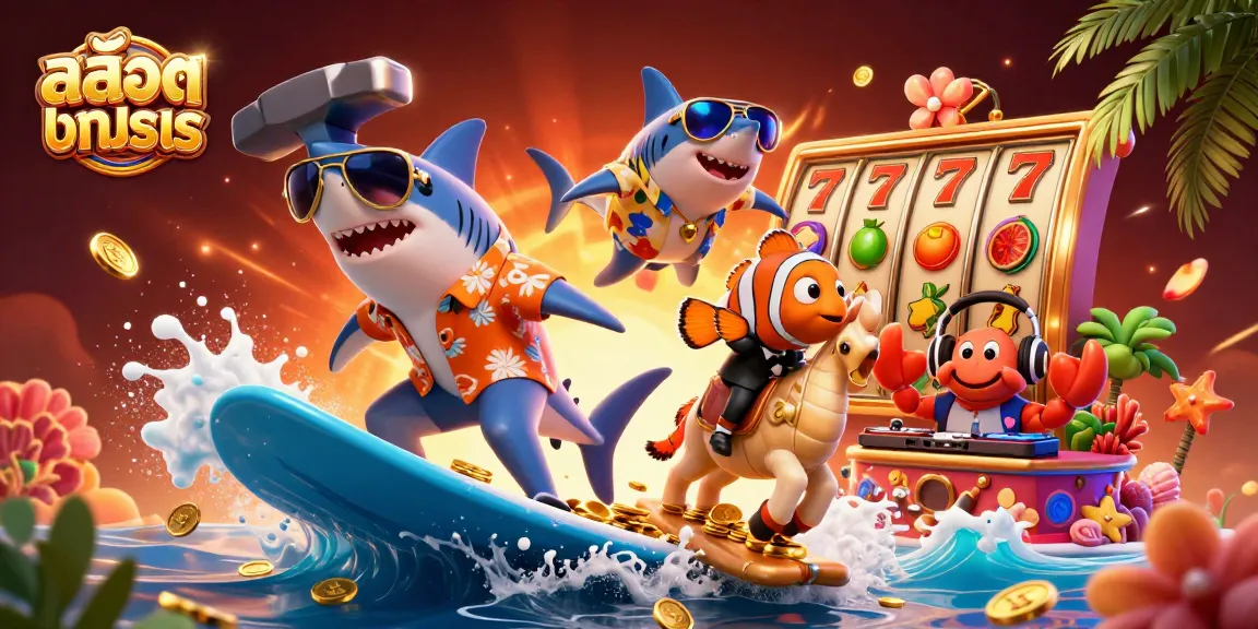 Experience thrilling สล็อตทดลอง gameplay with our vibrant shark and seahorse characters surrounded by winning slot elements.