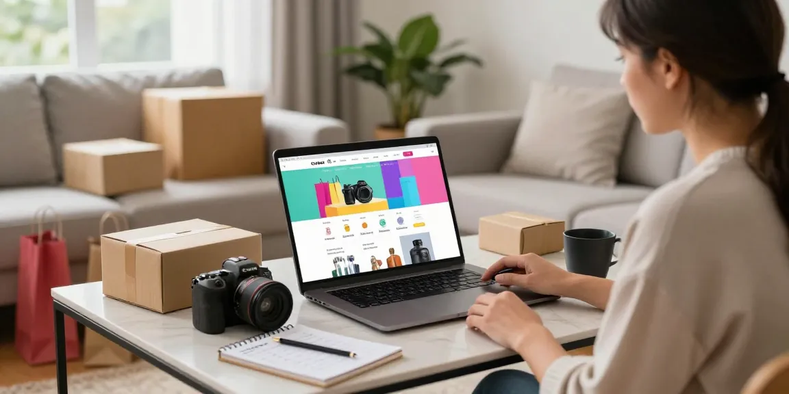 Engaging online shopping scene with user browsing website https://forumup.org/shop/search.php?ca_id=&addr1=&addr2=&addr3=&schKeyword= on a laptop, surrounded by stylish lifestyle elements.