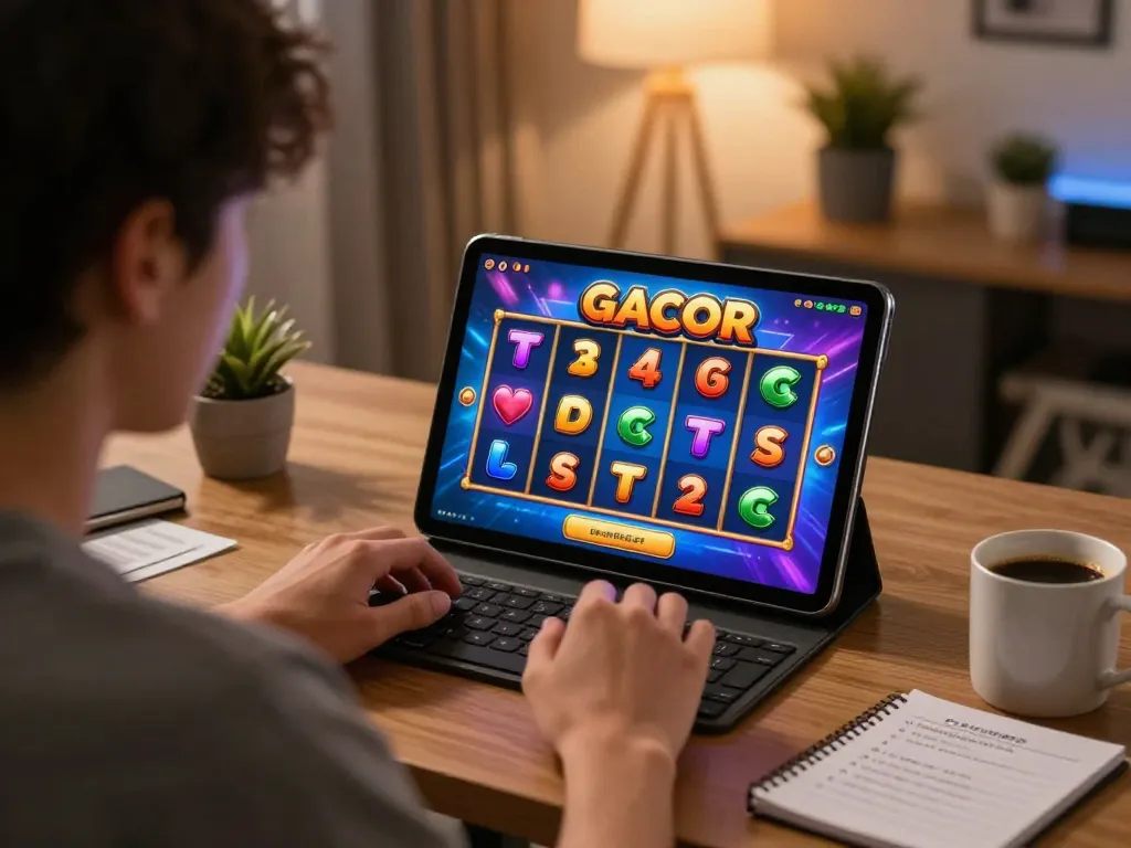 Engaging in slot gacor game on tablet with vibrant spinning reels in a cozy home setting.
