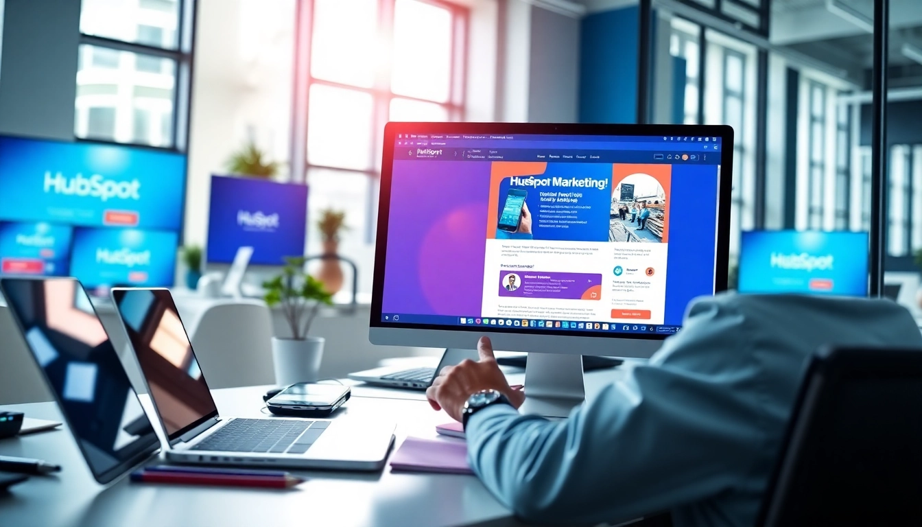 Creating a hubspot marketing email campaign in a modern workspace.