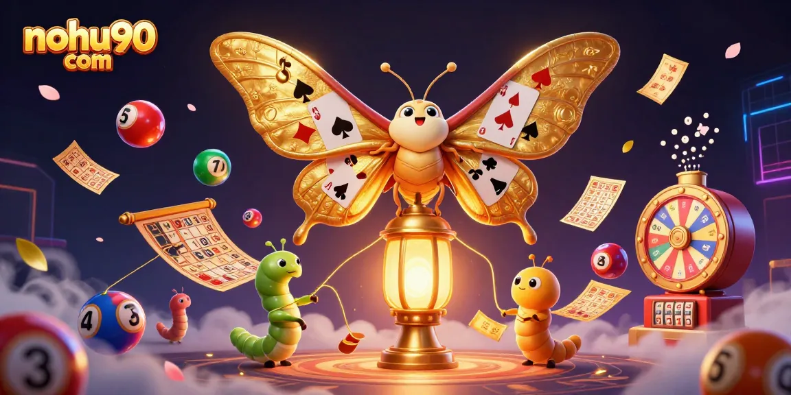 Nohu90 com enchants players with a vibrant casino scene featuring golden moths and dancing lottery balls.