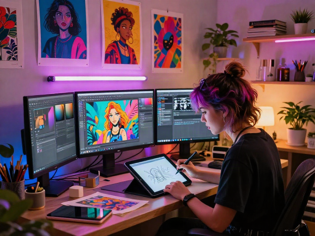 Digital artist creating NSFW AI artwork in a vibrant studio