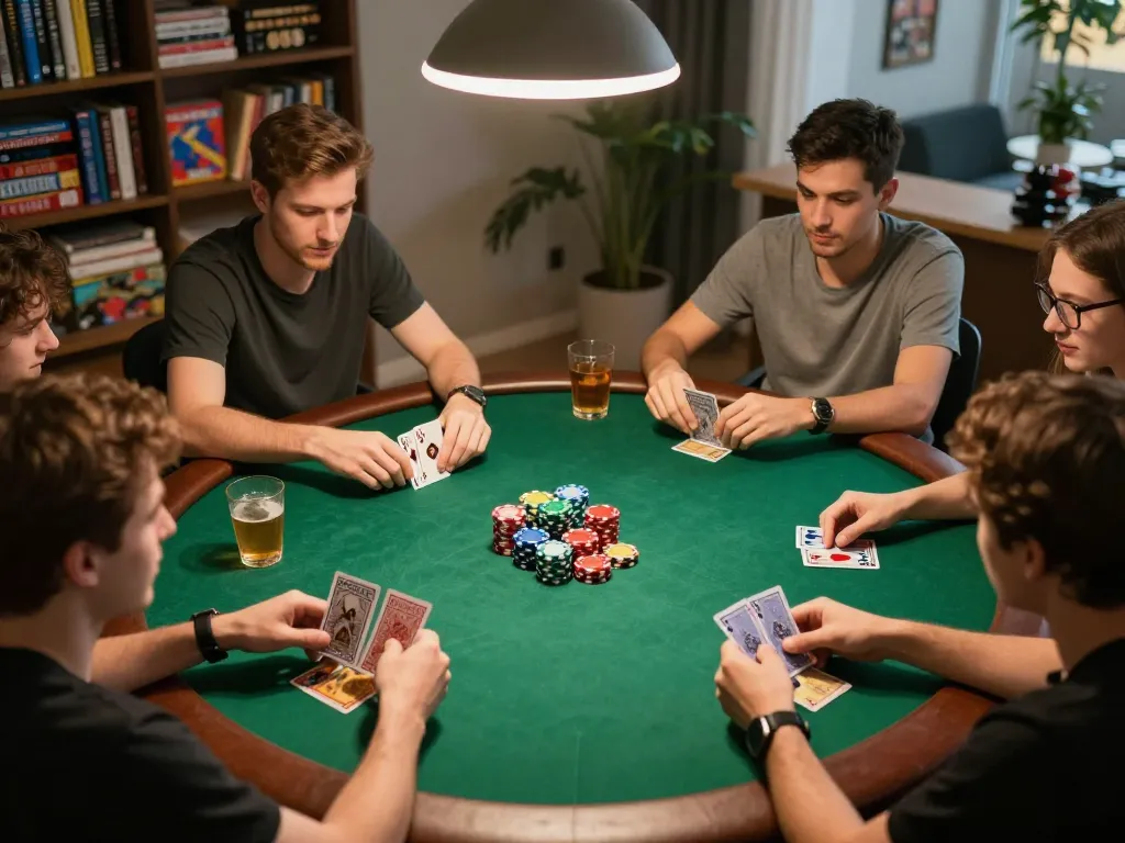 Engaging poker game at home featuring gamebaidoithuong8 with friends, showcasing lively interaction and strategy.