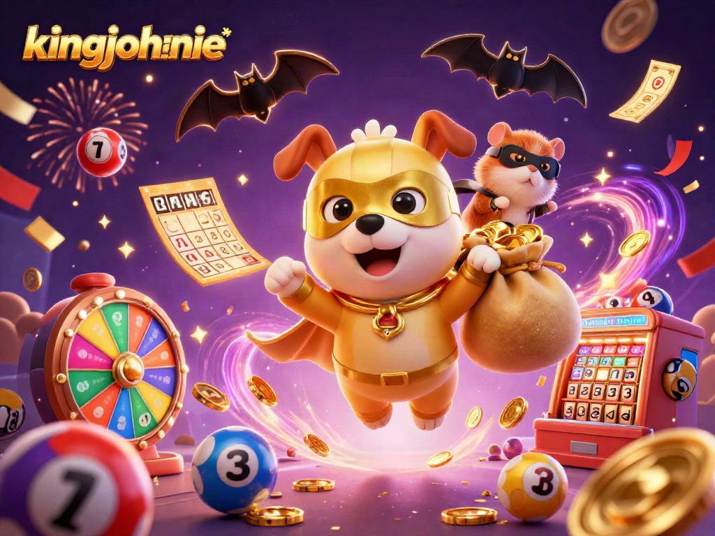 Win big with kingjohnnie in a vibrant casino adventure featuring flying characters and animated lottery elements.