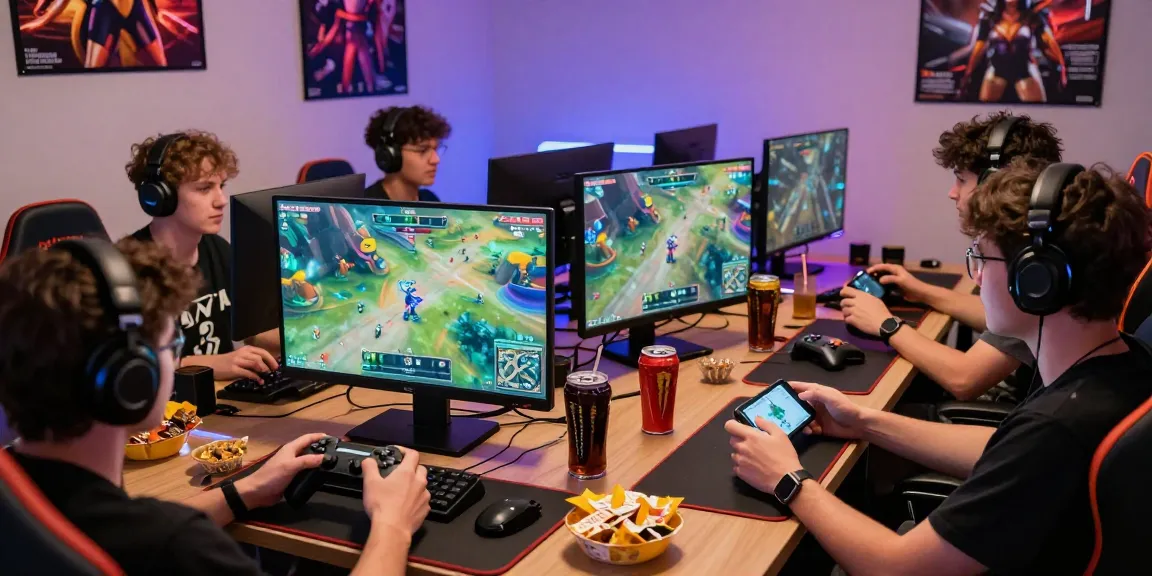 Gamers engaged in 먹튀검증 while enjoying competitive online gaming in a vibrant environment.