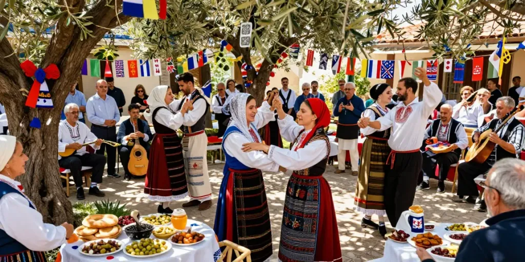 Εορταστική σκηνή από ελληνικά έθιμα με το Ellados Paradoseis εν μέσω χορού και παραδοσιακής μουσικής.