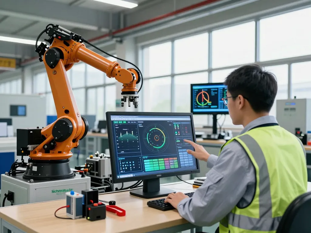 Technician using Schneider electric solutions in a modern automated factory.