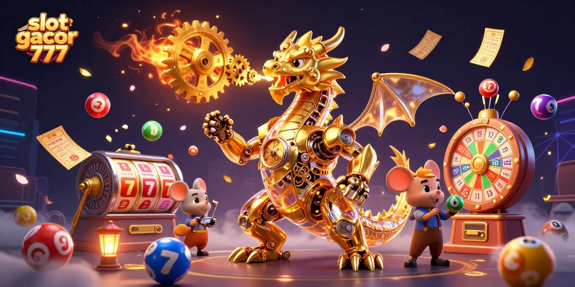Menangkan slot gacor 777 dengan ilustrasi naga emas yang menyemburkan roda slot dan tiket emas.