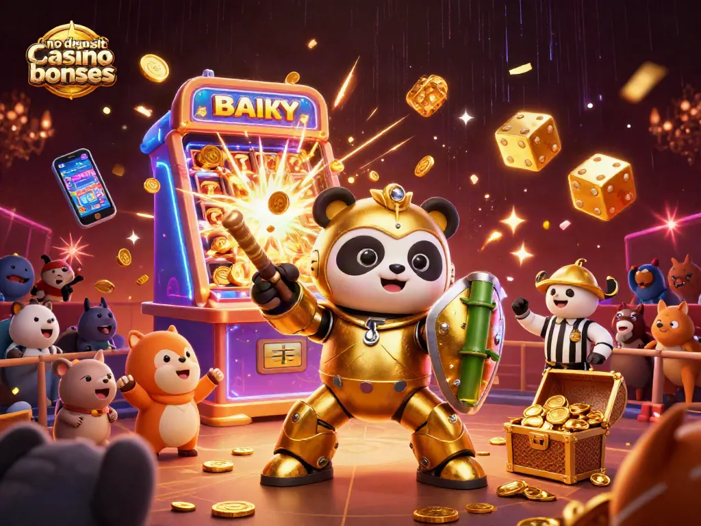 Experience thrilling no deposit casino bonuses with a golden panda in an action-packed 3D casino scene.