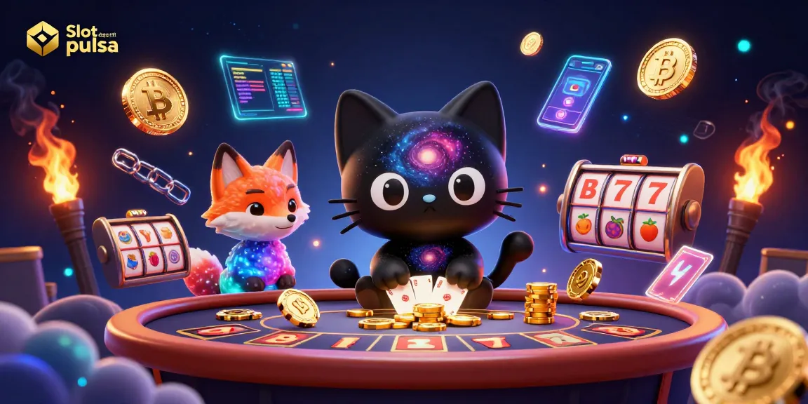 Slot deposit pulsa tampil menarik dengan kucing lubang hitam 3D dan efek kasino yang memikat.