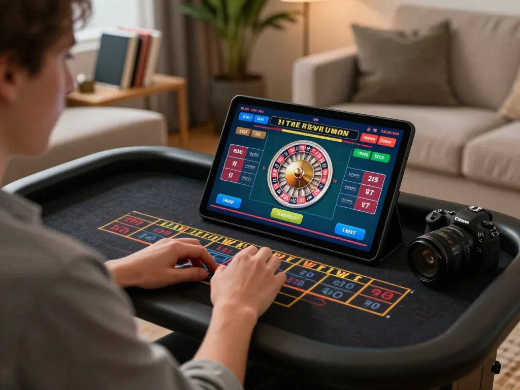 IDCASH88 user enjoying online gaming experience with live roulette on tablet in cozy home setup.