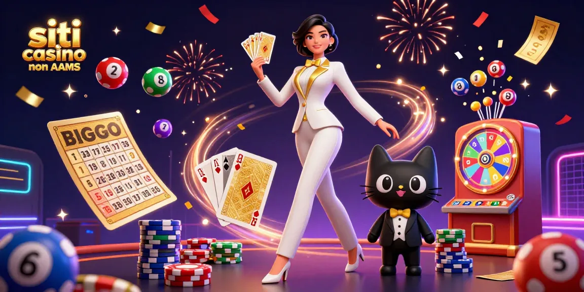 siti casino non AAMS scena di casinò vibrante con una donna glamour con le carte, palline della lotteria colorate e elementi festivi