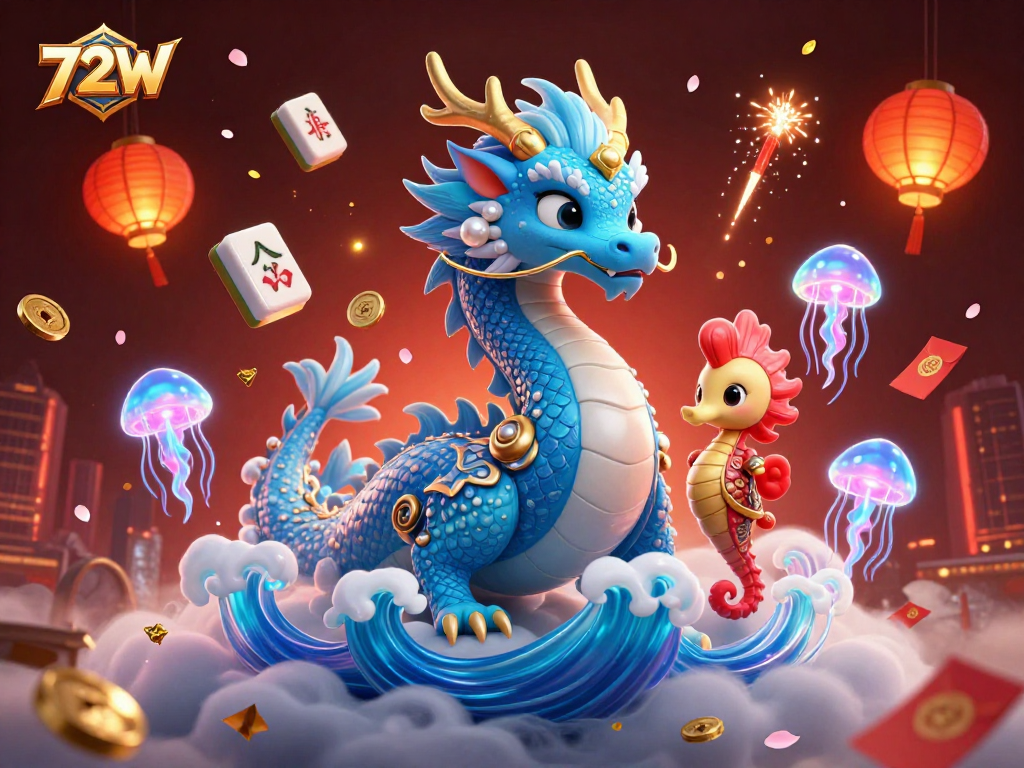 Atraia a sorte com 72W, uma ilustração vibrante de dragão e cavaleiro com elementos de jogo, em um cenário dinâmico.