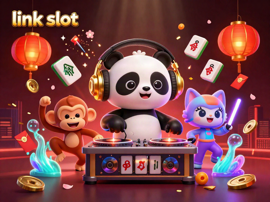 Menangkan jackpot dengan link slot di slot MADU168, ilustrasi 3D menarik dengan panda DJ.