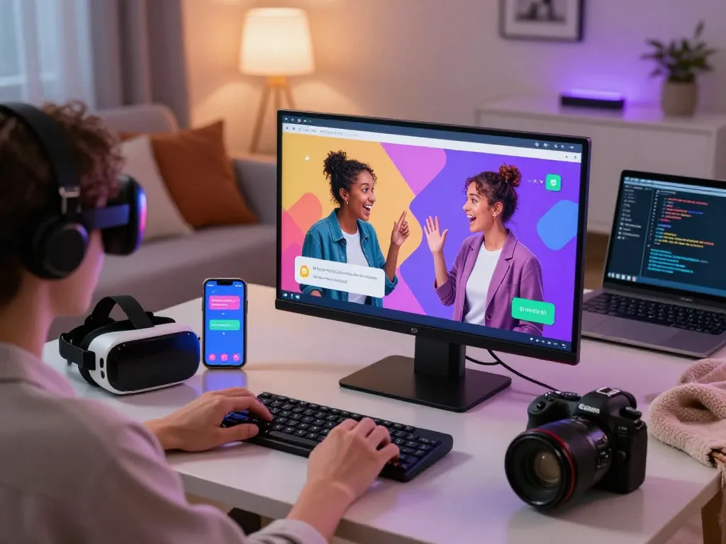Engaging in a sex chat AI experience with interactive avatars and tech gadgets in a cozy environment.