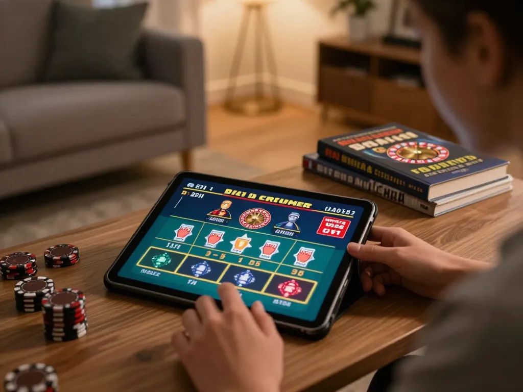 N188 online gaming session at home with tablet displaying poker gameplay, highlighting strategic planning.