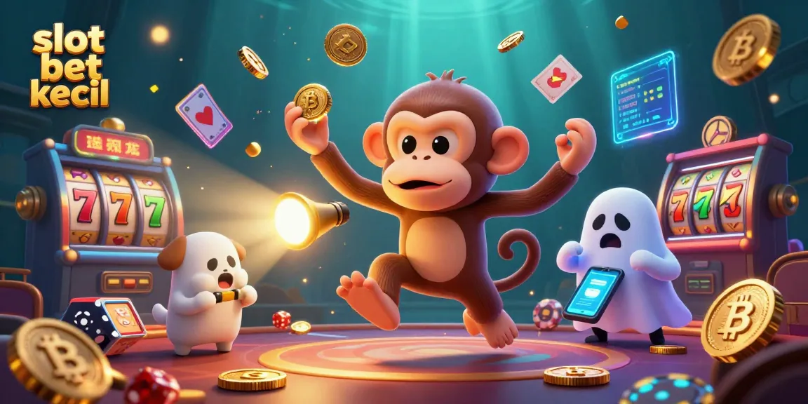 Engaging casino scene showcasing slot bet kecil, featuring a poltergeist monkey and ghost-hunter puppy amidst vibrant gaming elements.
