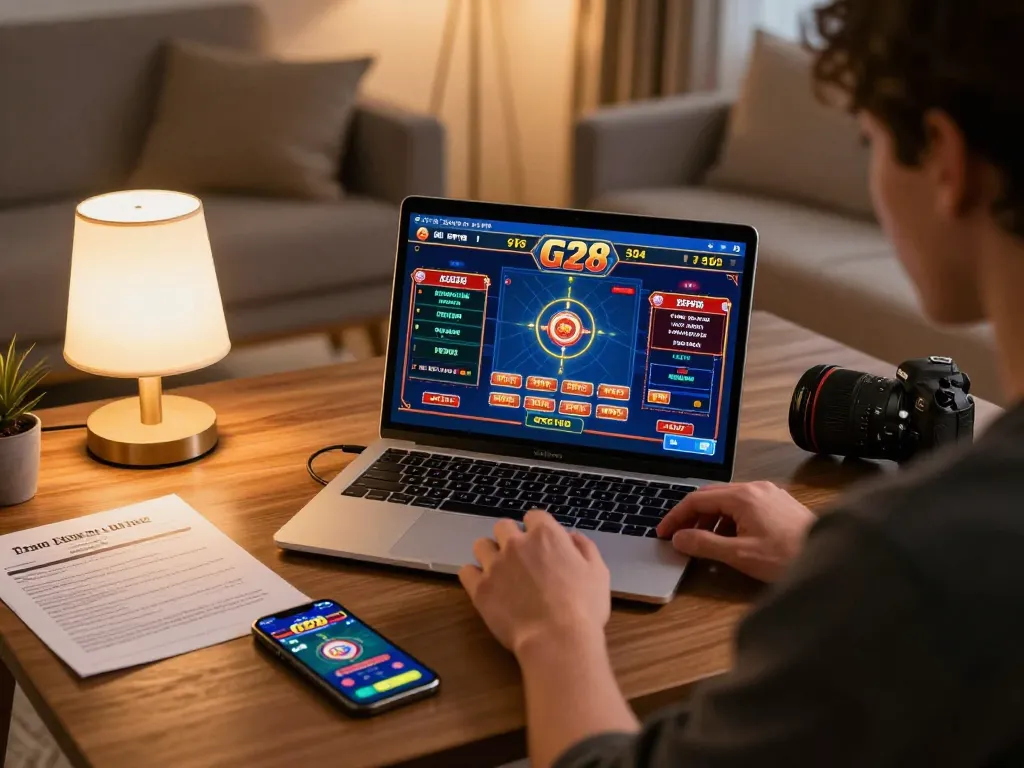 Engaging in G28 online gambling at home with a laptop and smartphone, creating an immersive gaming experience.