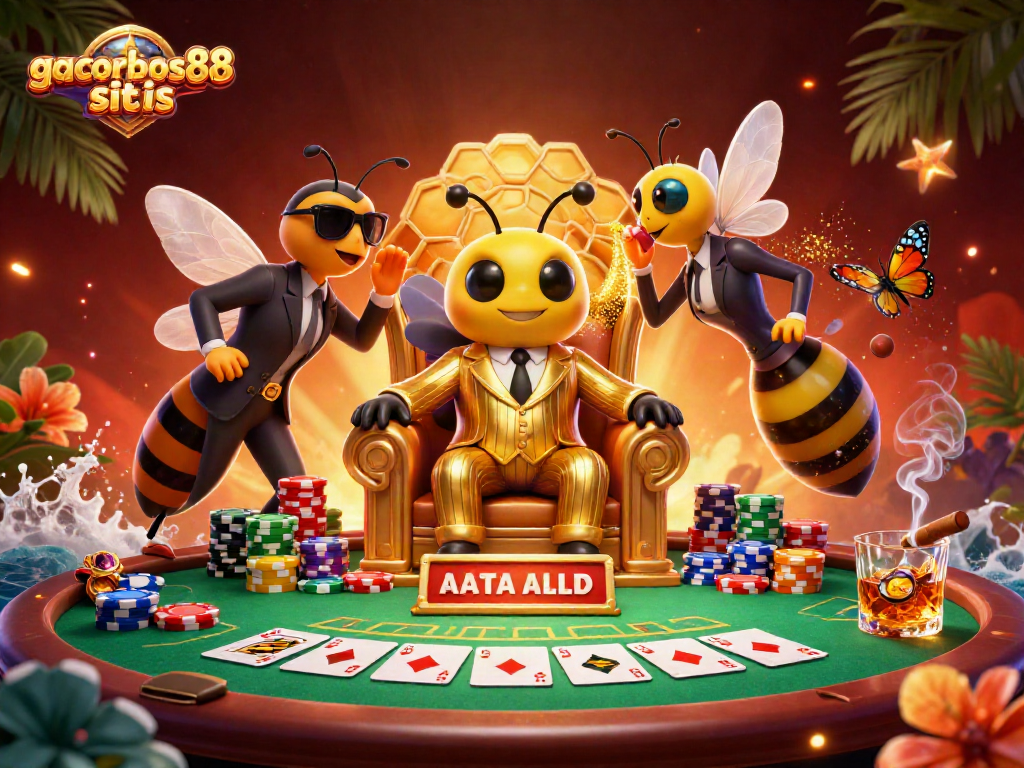 Experience action at gacorbos88 situs with cartoon characters at a poker table and vibrant game elements.