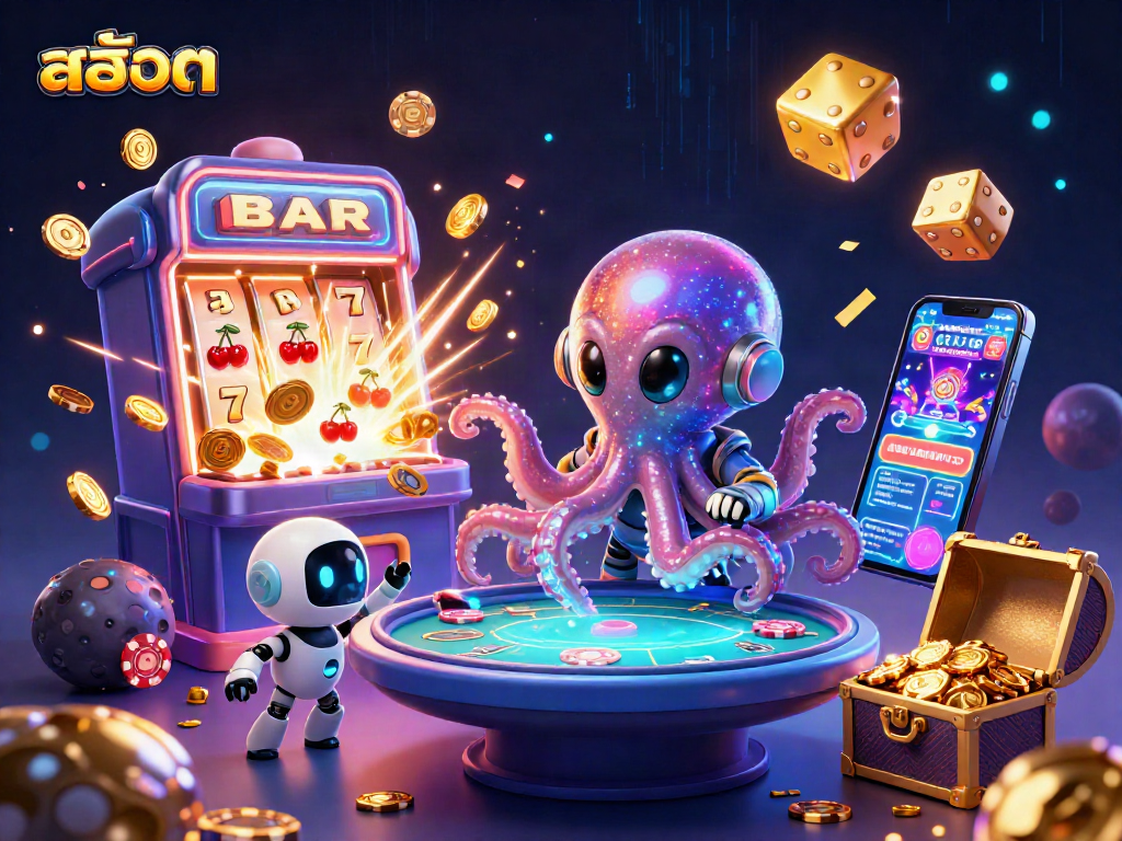 Engage in สล็อต excitement with a vibrant 3D alien octopus gambling at a holographic poker table!