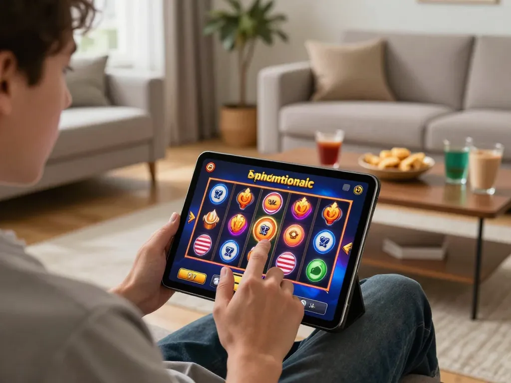 Playing a Demo Slot Pragmatic game on a tablet in a cozy living room setup.
