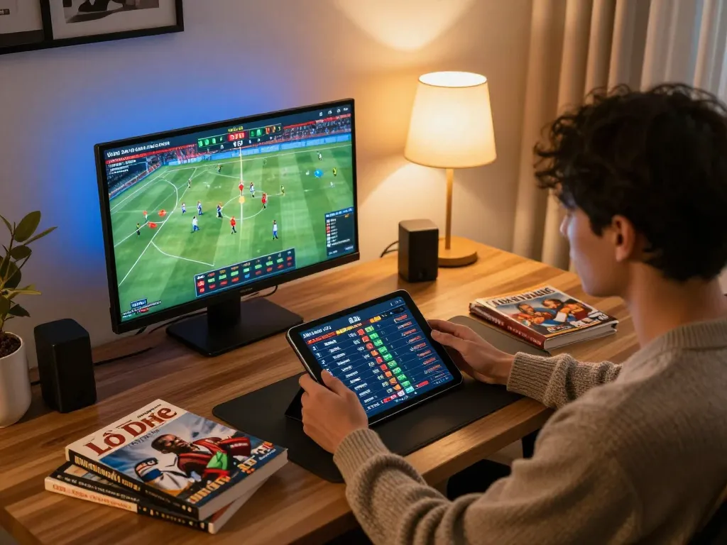 Lô đề online gameplay in a stylish home setup, with a player using a tablet and strategy notes nearby.