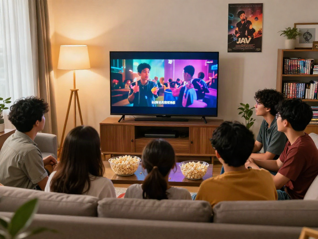Group of friends enjoying jav subtitle Indonesia streaming in a cozy living room with ambient lighting.