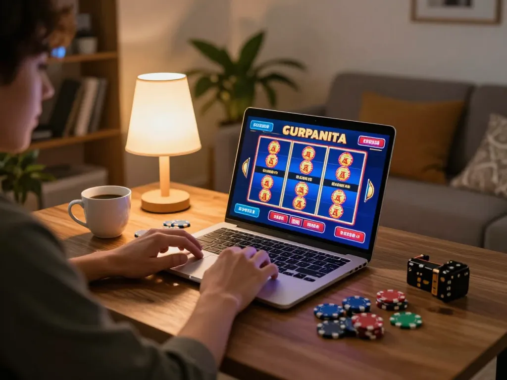 Engaging scene of a user playing สล็อต on a laptop, surrounded by gaming chips and a cozy atmosphere.