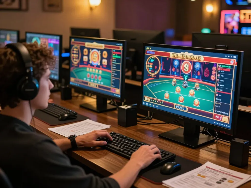 Person at home engaging in manclub online gaming with multiple screens and strategic notes