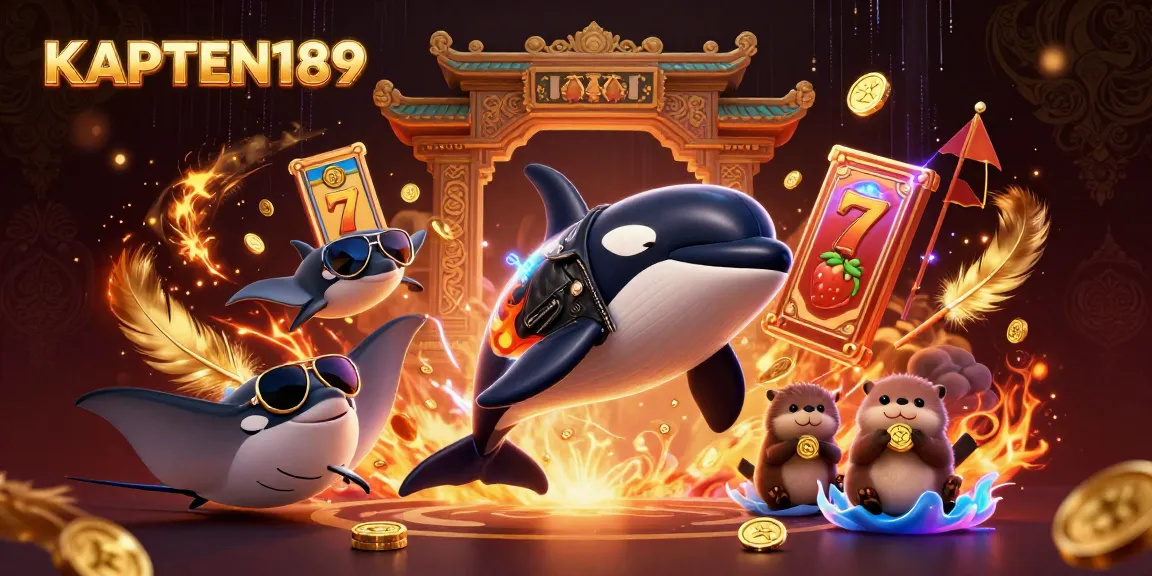 KAPTEN189 menampilkan ilustrasi slot dengan ikan orca, ikan pari, dan berang-berang dengan koin emas.